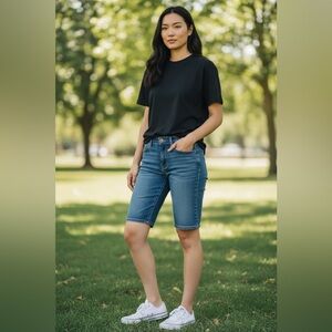 Articles Of Society Mid-Length Denim Bermuda Shorts in Blue